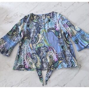 Multiples Paisley Print Tie Front Top Blouse Bell Sleeve Boho Petite Medium